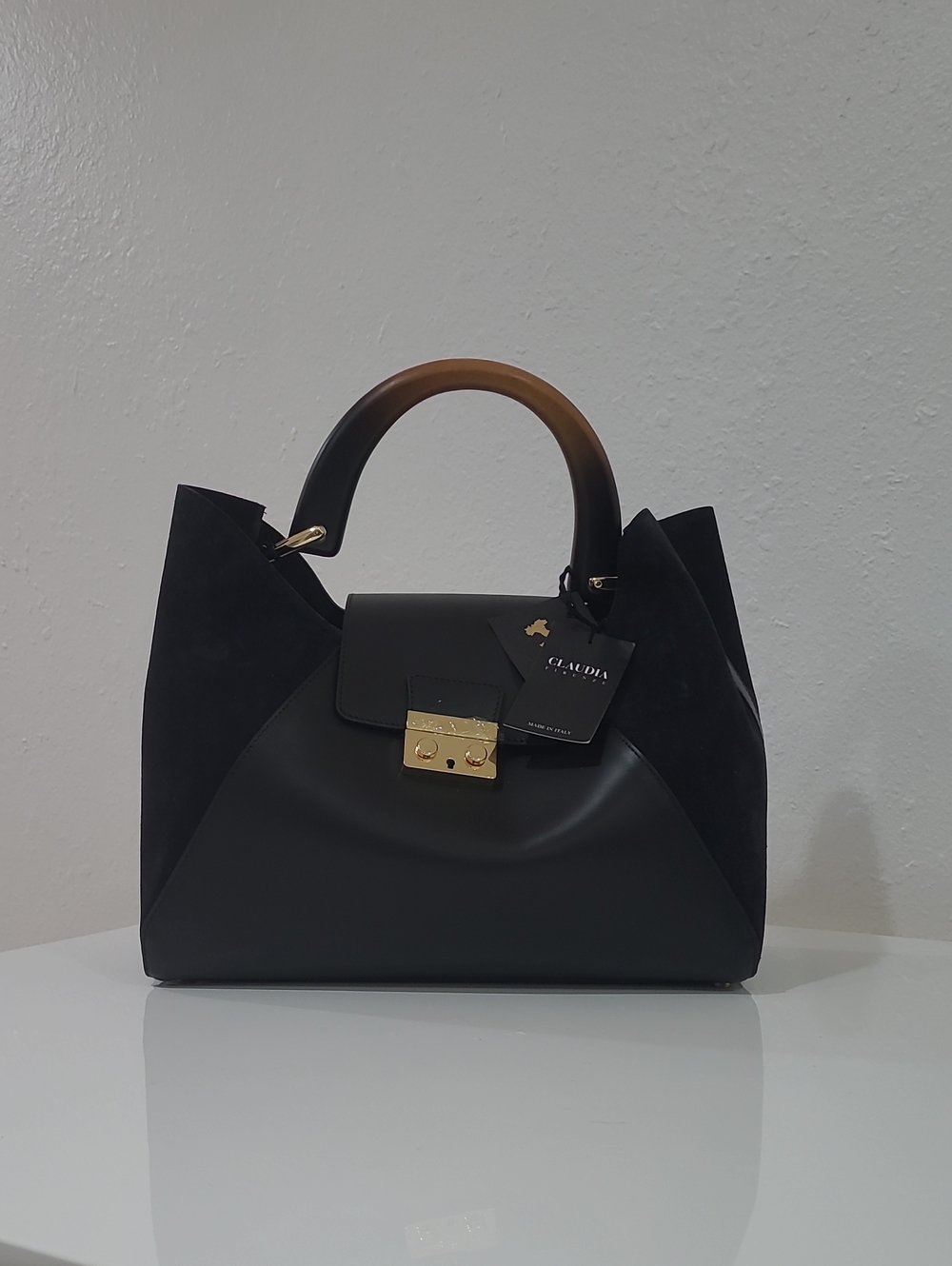 Claudia Black Top-Handle Satchel with Gold Lock